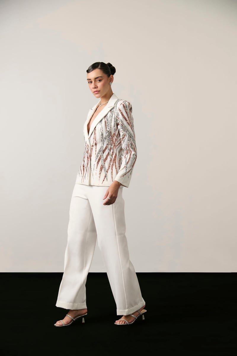 Ivory Sequin Blazer and Wide-Leg Trousers Co-ord Set