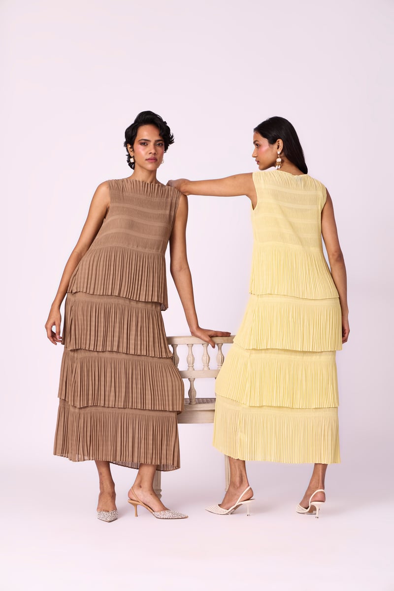 Taupe Tiered Pleated Chiffon Maxi Dress