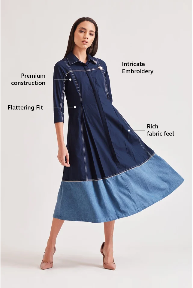 Navy Colorblocked A-Line Midi Shirt Dress