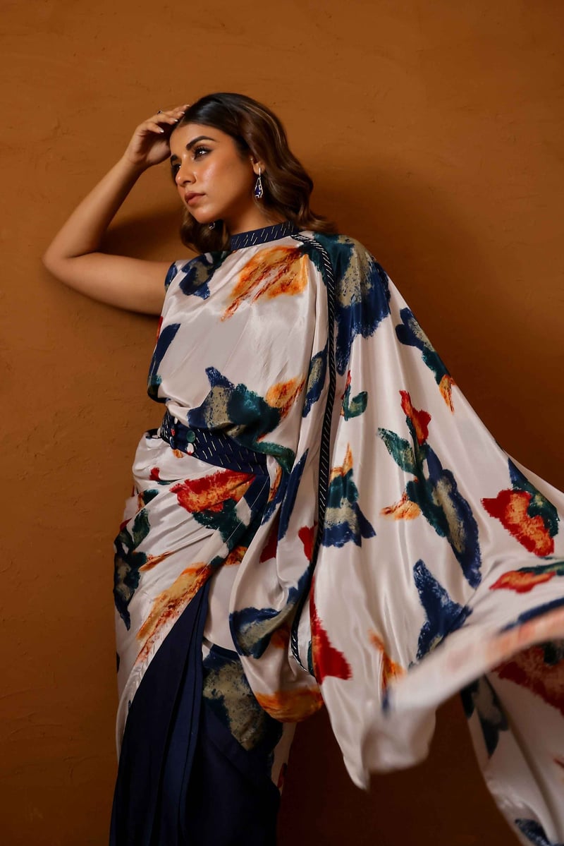 Multicolor Abstract Printed Draped Saree Set with Belt