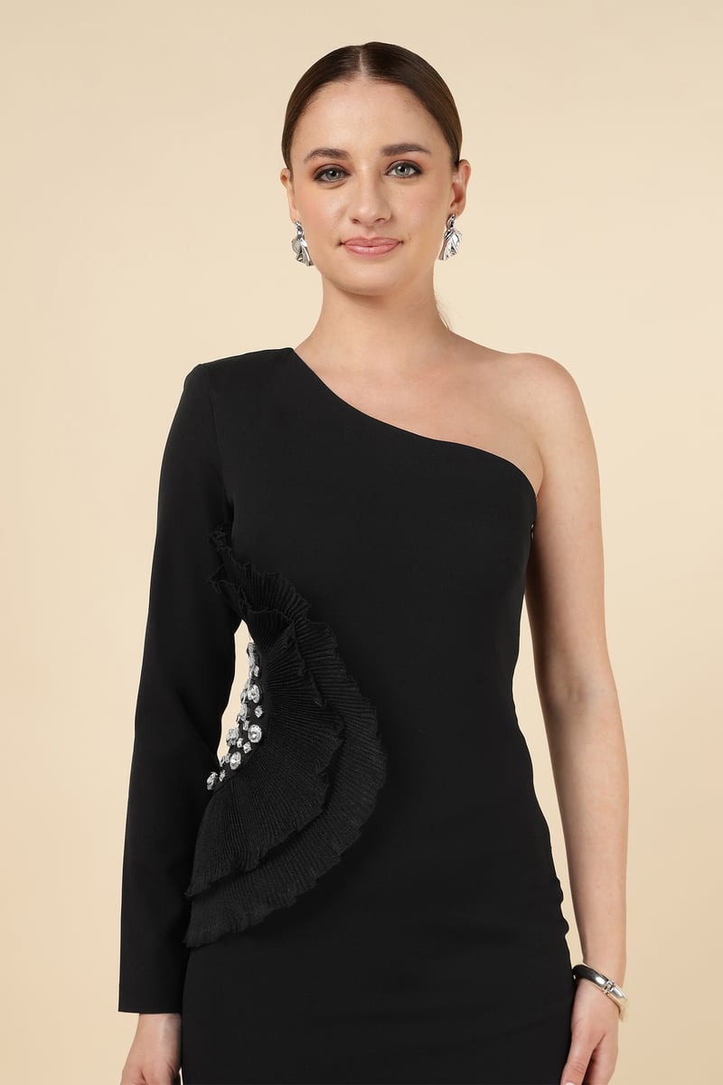 Black One-Shoulder Bodycon Midi Dress with Crystal Detail