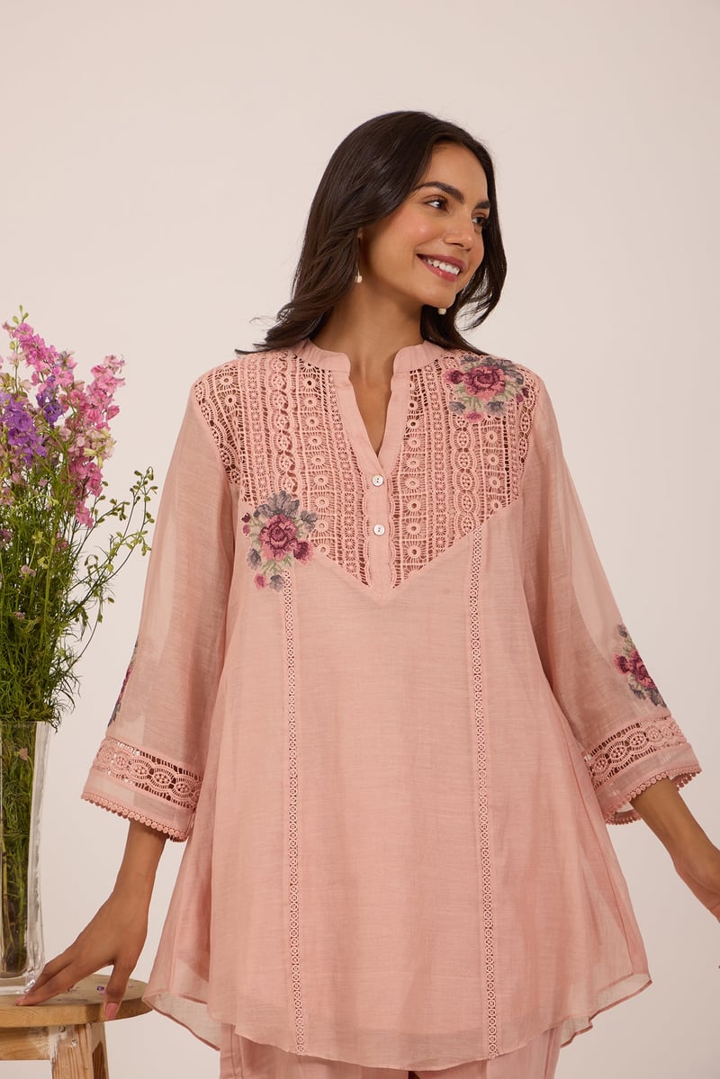 Pink Mul Chanderi Tunic and Straight Pant Co-ord Set