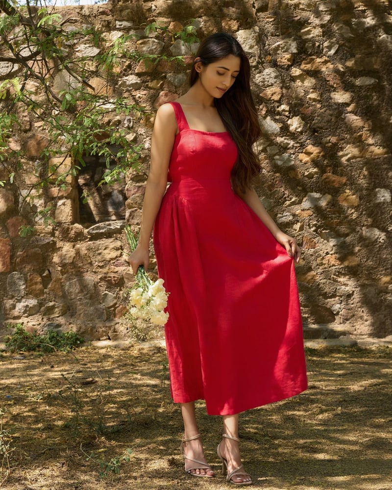Red Linen Drop-Waist Gathered Midi Dress