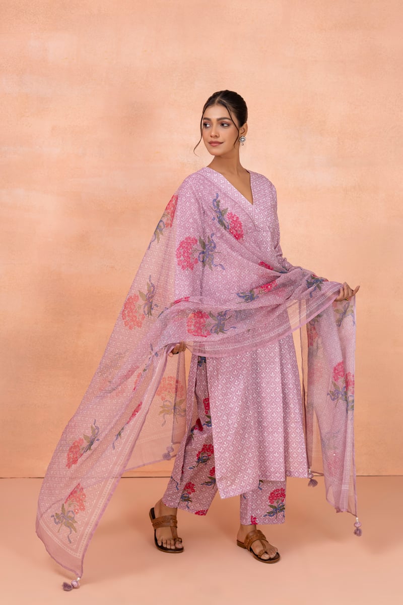 Pink Printed A-Line Cotton Kurta Set with Dupatta