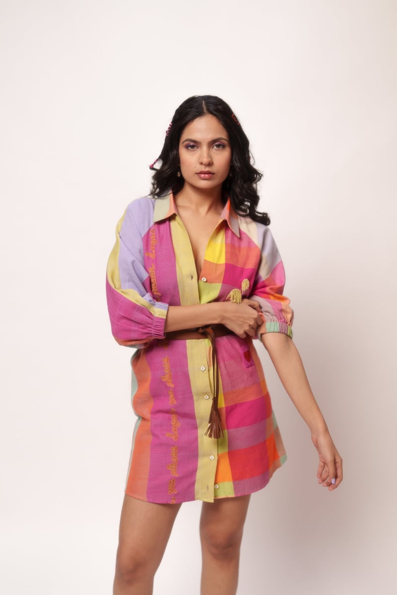 Multicolor Checked Mini Shirt Dress with Belt