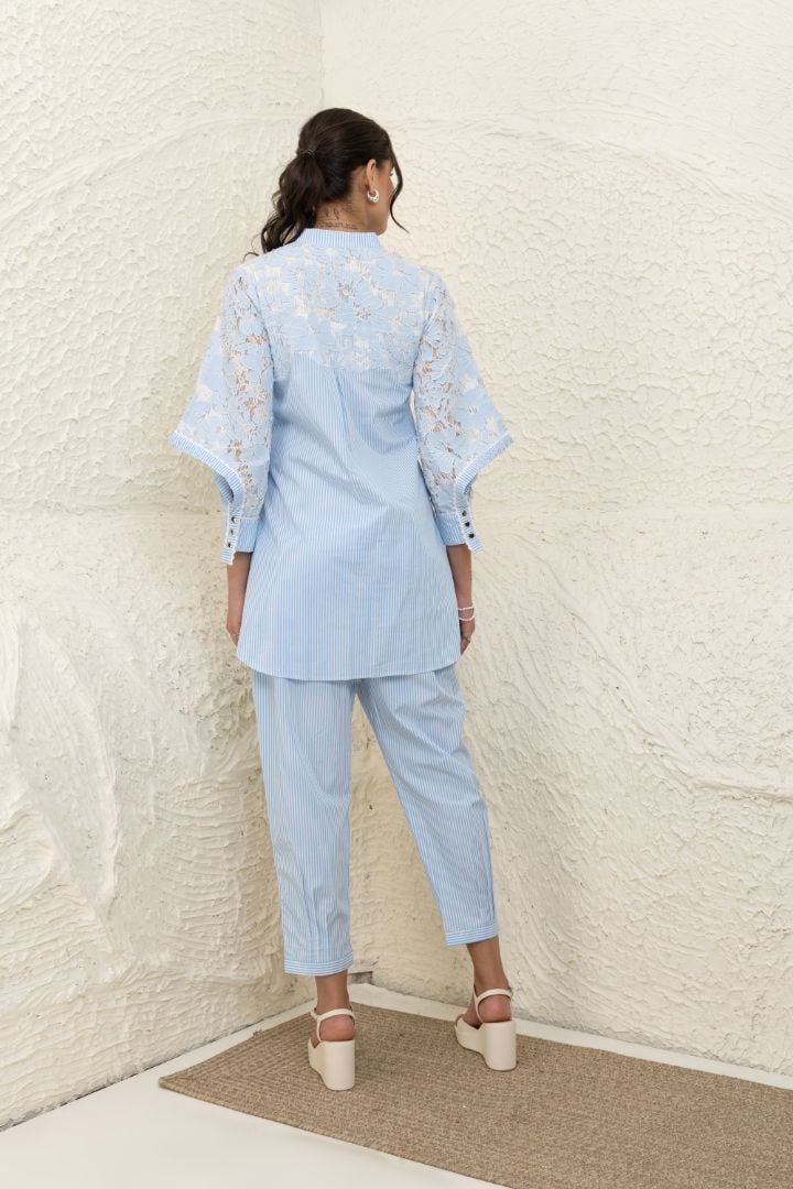 Blue Striped Lace Tunic and Pants Co-ord Set