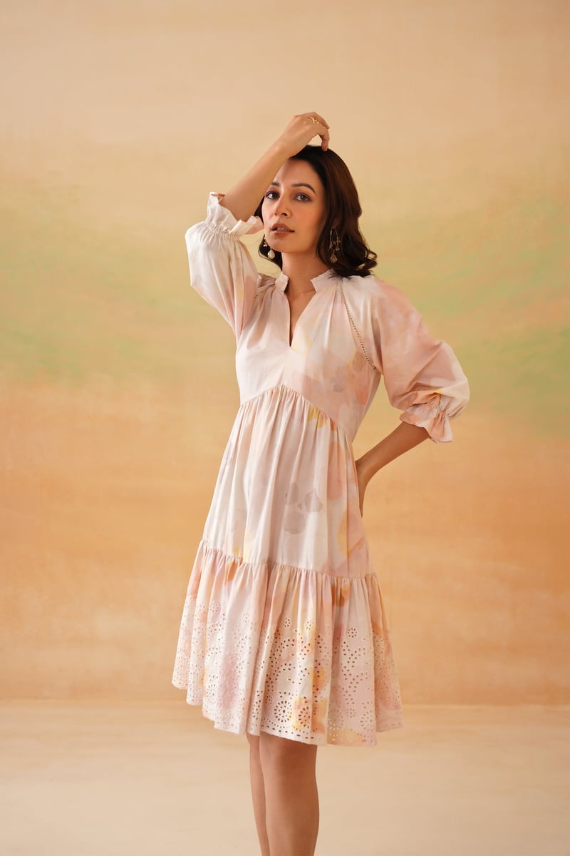 Pink Floral Tiered Knee-Length Dress with 3/4 Sleeves