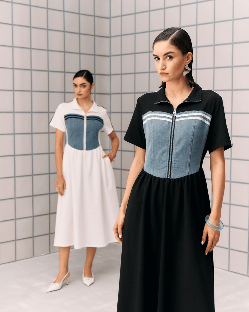 Black Colorblock Zip-Front Collared Midi Dress