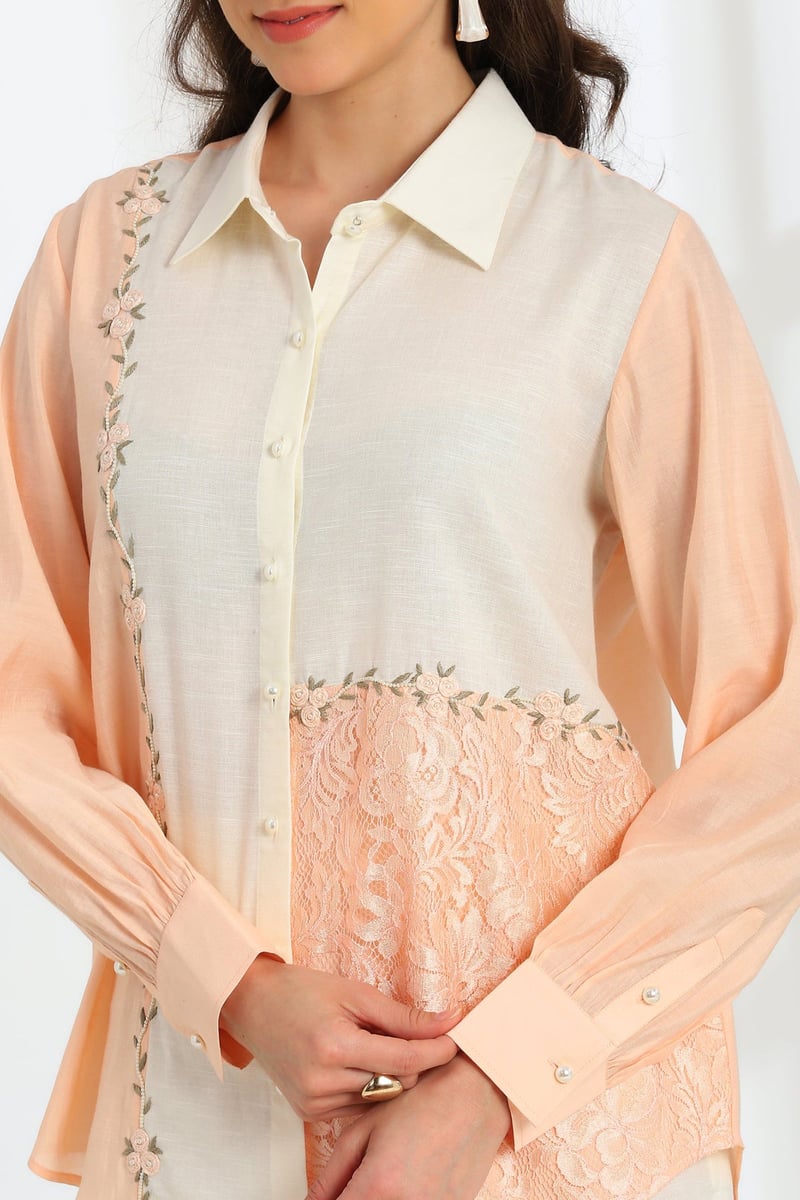 Florea Peach Hand Embroidered French Lace Silk Linen Co-Ord Set