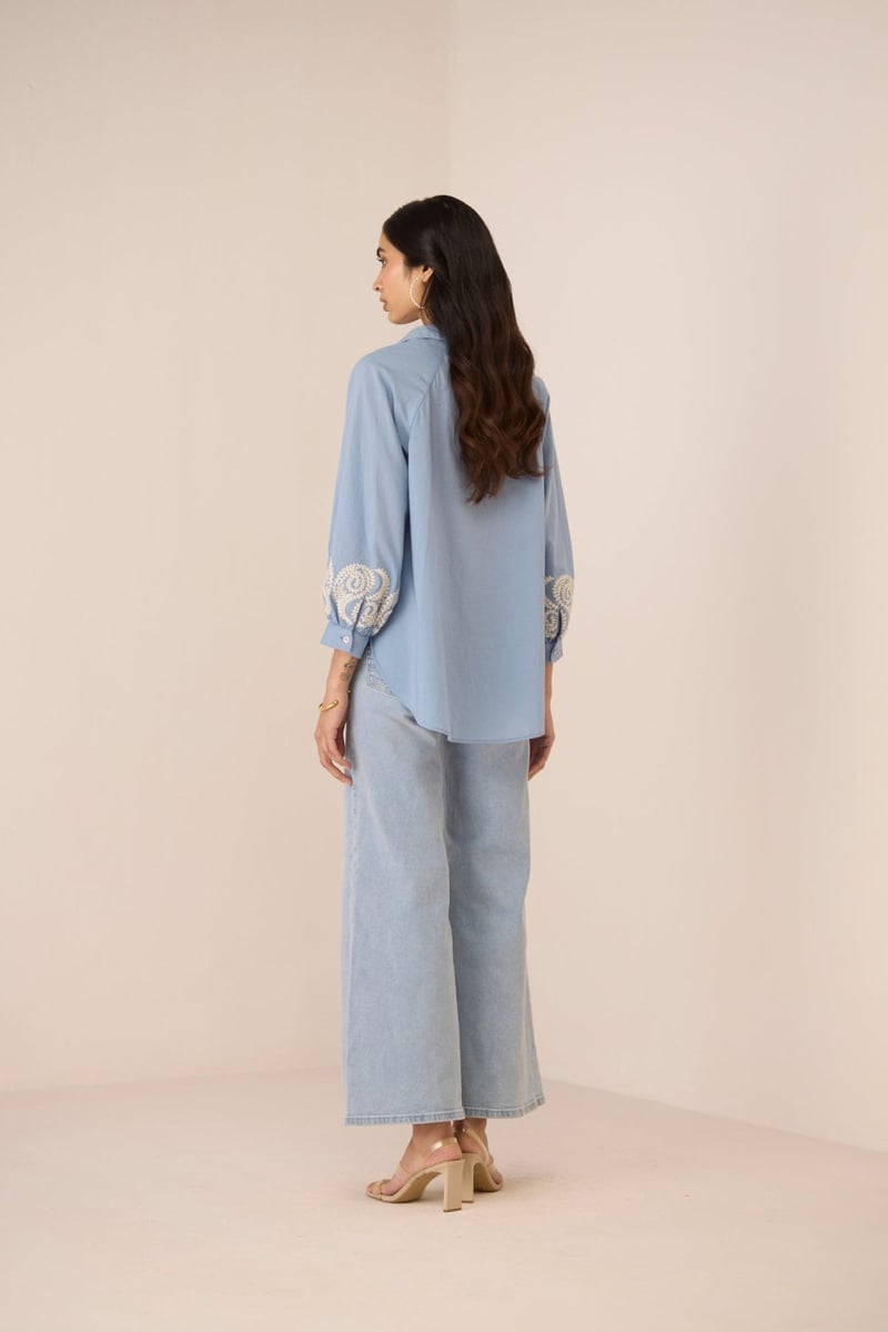 Dusty Blue Cotton Embroidered Oversized Blouse