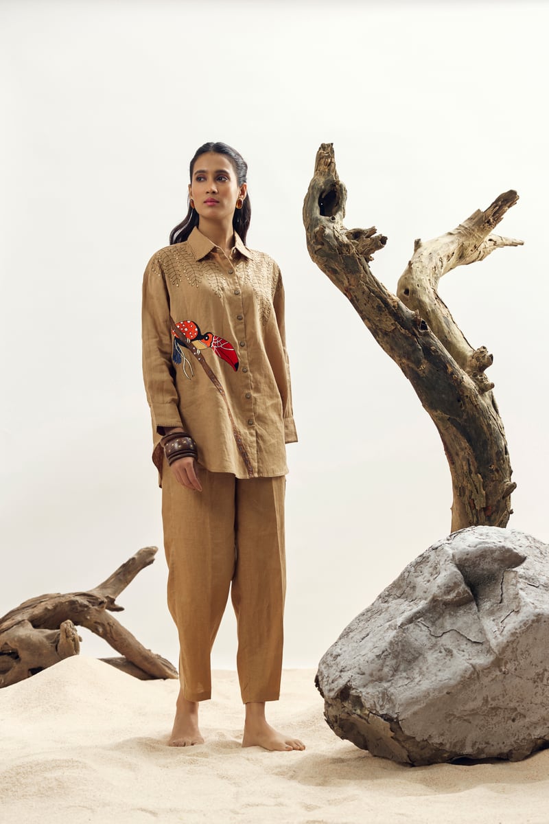 Camel Linen High-Rise Straight-Leg Trousers