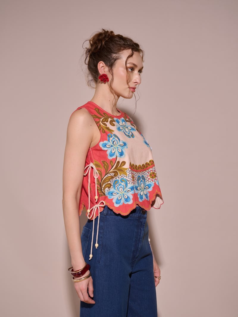 Beige Floral Printed Sleeveless Top with Side Ties