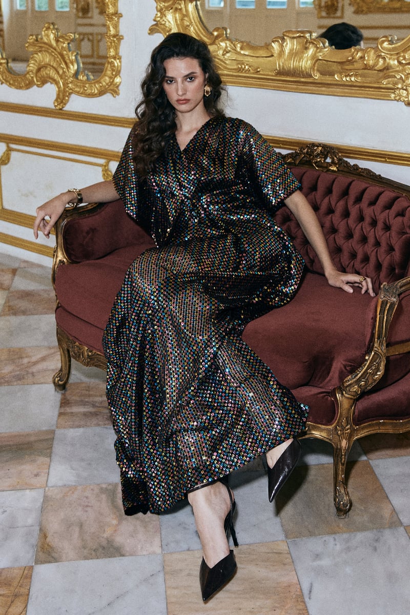 Multicolour Iridescent Sequin Maxi Kaftan Dress