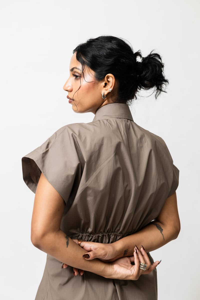 Beige Poplin Panelled Shirt Dress with Pleated Inserts