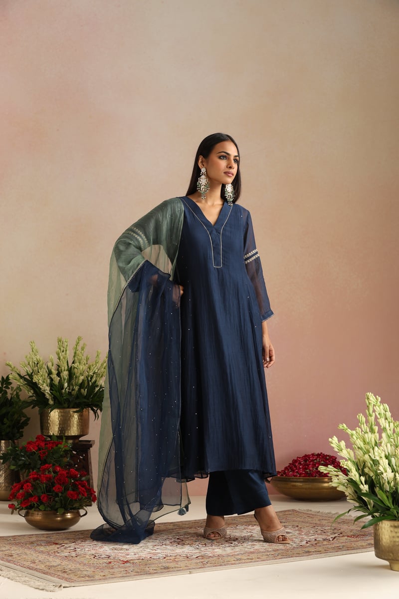 Navy Blue Silk Chanderi Embroidered Kurta Set