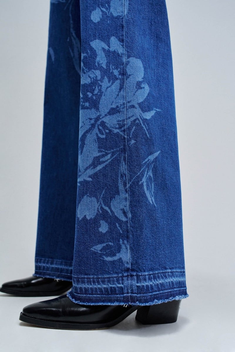 Blue High-Rise Wide-Leg Floral Print Jeans