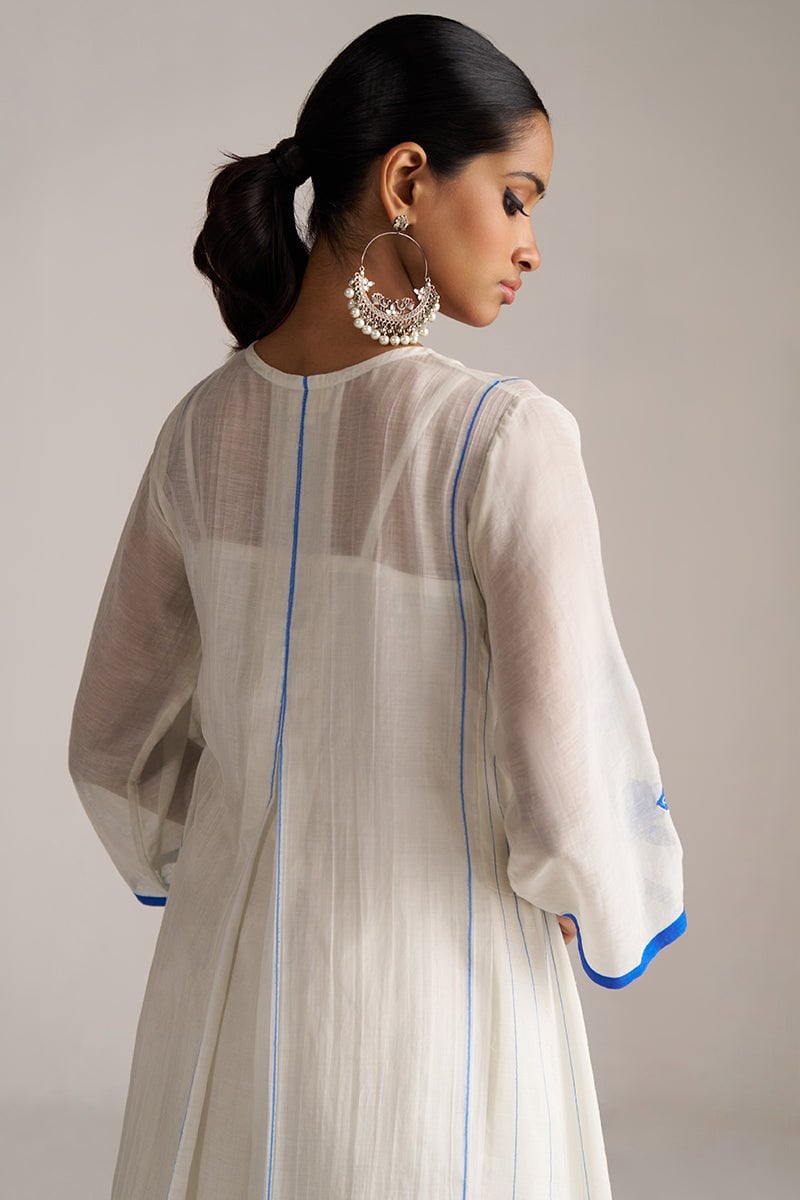 Ivory and Cobalt Printed A-Line Chanderi Kurta Set