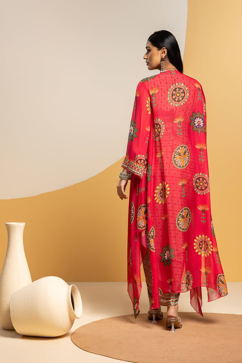 Multicolor Printed Drape Midi Dress Set With Organza Jacket
