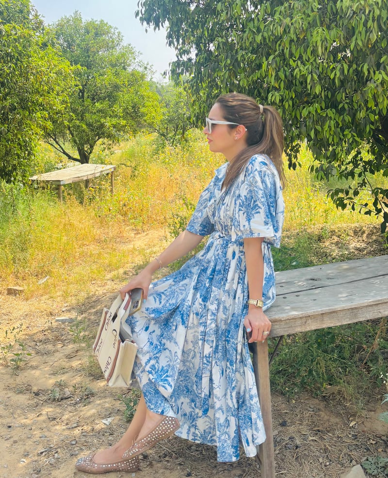 White and Blue Printed Cotton Shirt Midi Dress with Belt — SHOP MIOWW