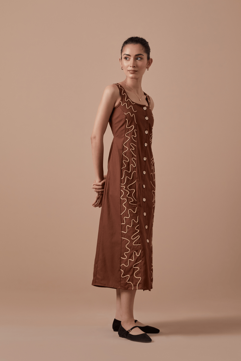 Brown A-Line Button-Down Midi Dress with Contrast Embroidery — SHIBUI