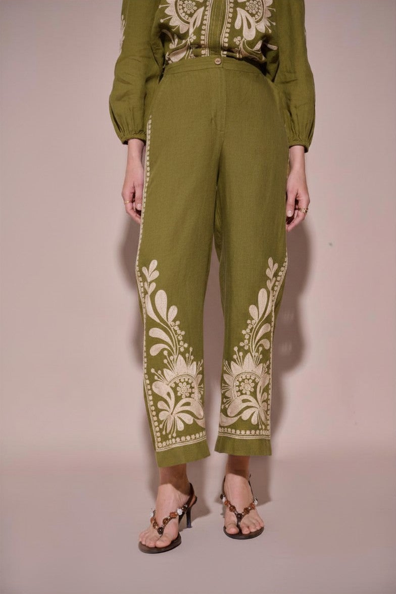 Green Linen Wide-Leg Trousers with Placement Print