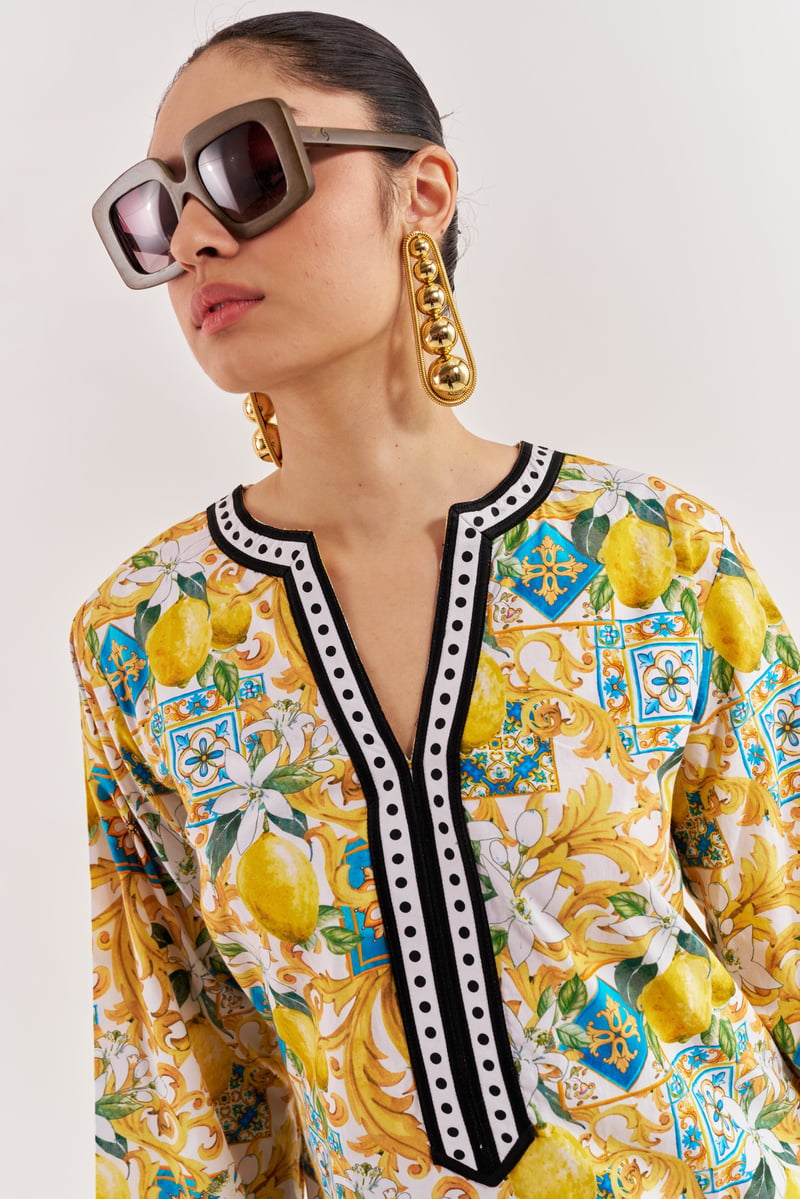 White/Yellow Lemon Print Cotton Poplin Maxi Kaftan