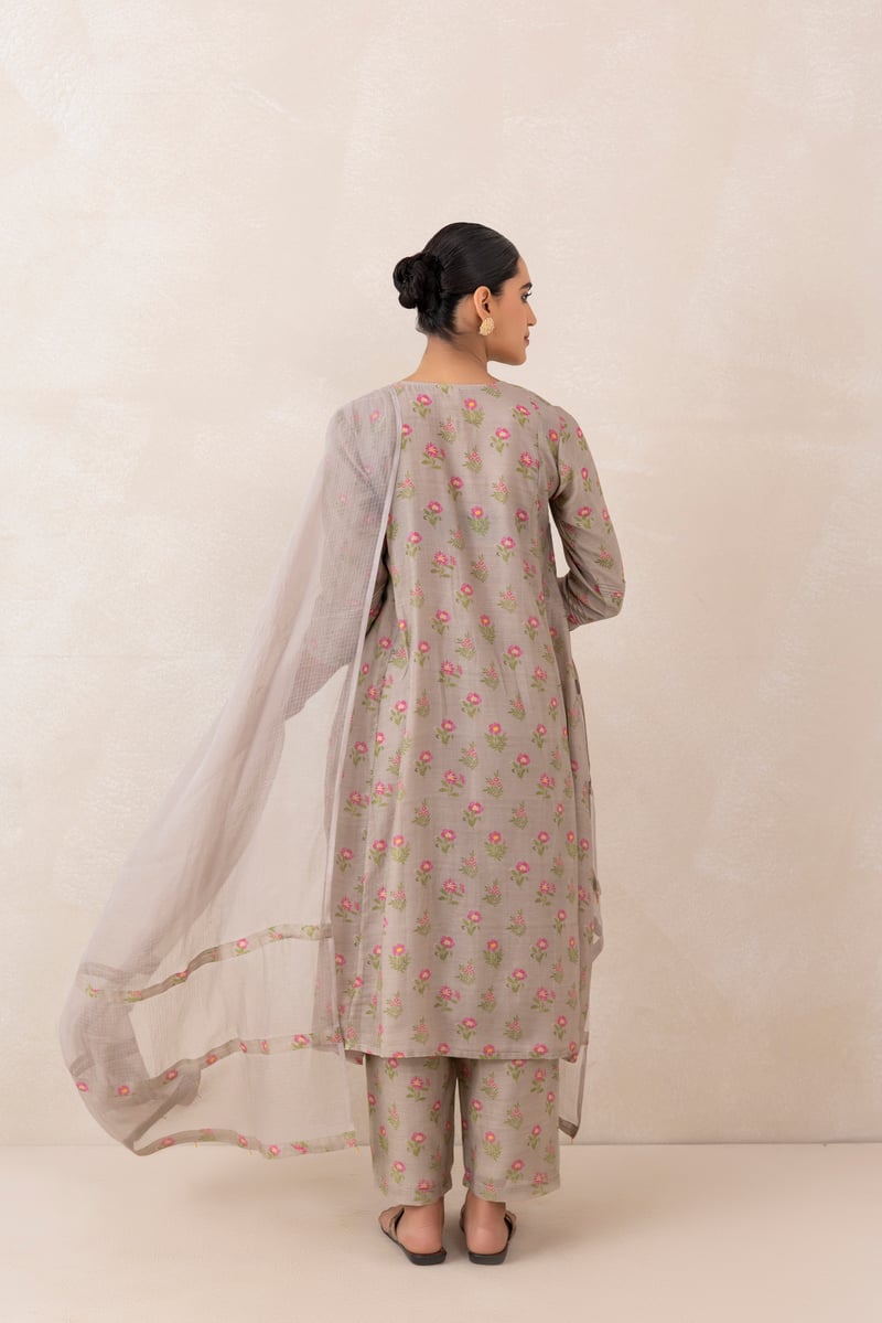 Mushroom Grey Pink Floral Chanderi Kurta Set with Dupatta