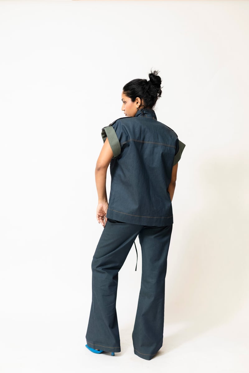 Dual-Tone Denim Utility Jacket with Lace-Up Front
