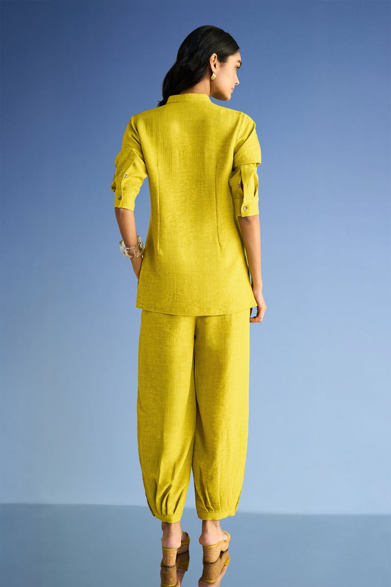 Chartreuse Linen-Blend Side-Tie Button-Down Longline Top