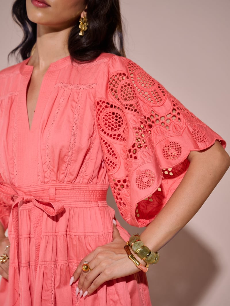 Pink Tiered Midi Dress with Schiffli Sleeves and Belt