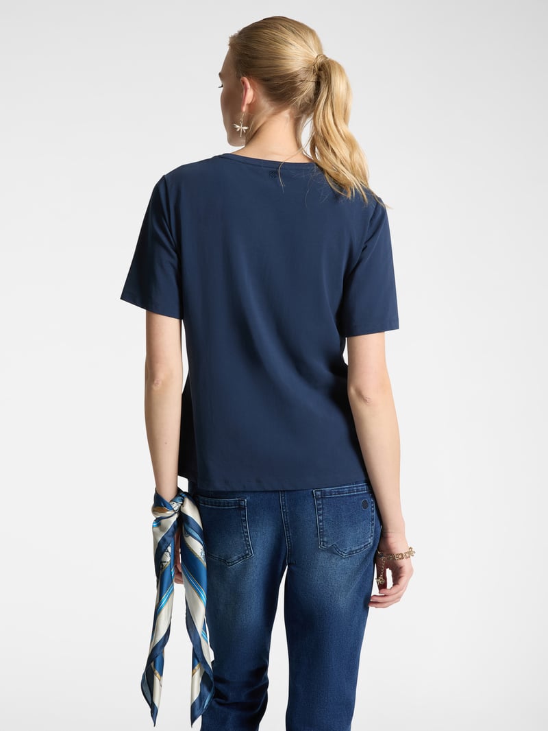 Blue Crew-Neck T-Shirt with Rhinestone Neckline
