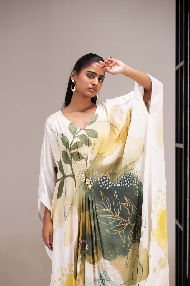 Multicolor Printed Crepe Satin Maxi Kaftan