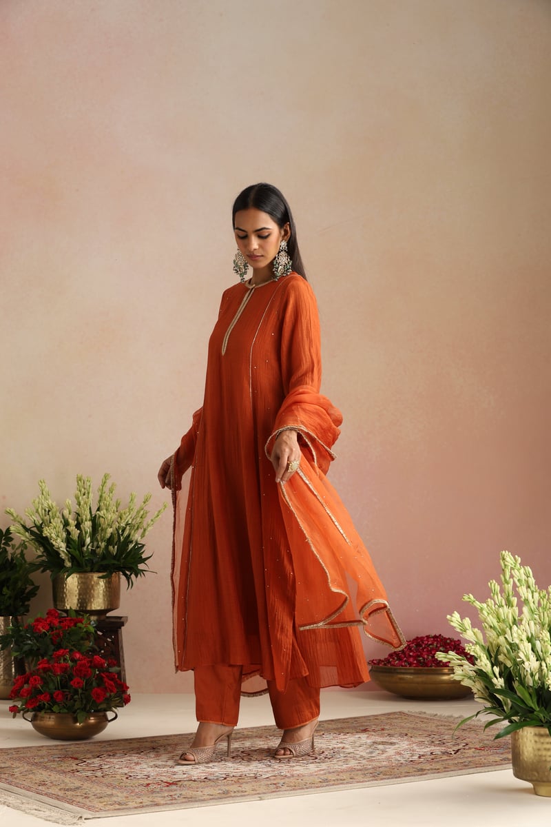 Burnt Orange Silk Chanderi Kurta Set with Gota Trim