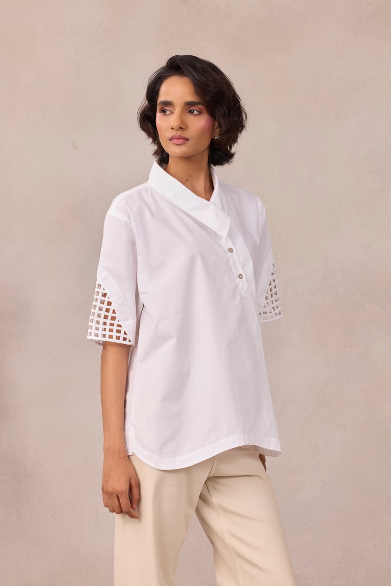 Bright White Poplin Shirt with Geometric Sleeve Cutwork