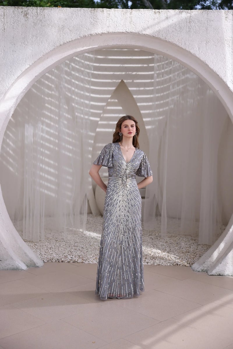 Grey Silver Hand-Beaded Sequin Maxi Gown