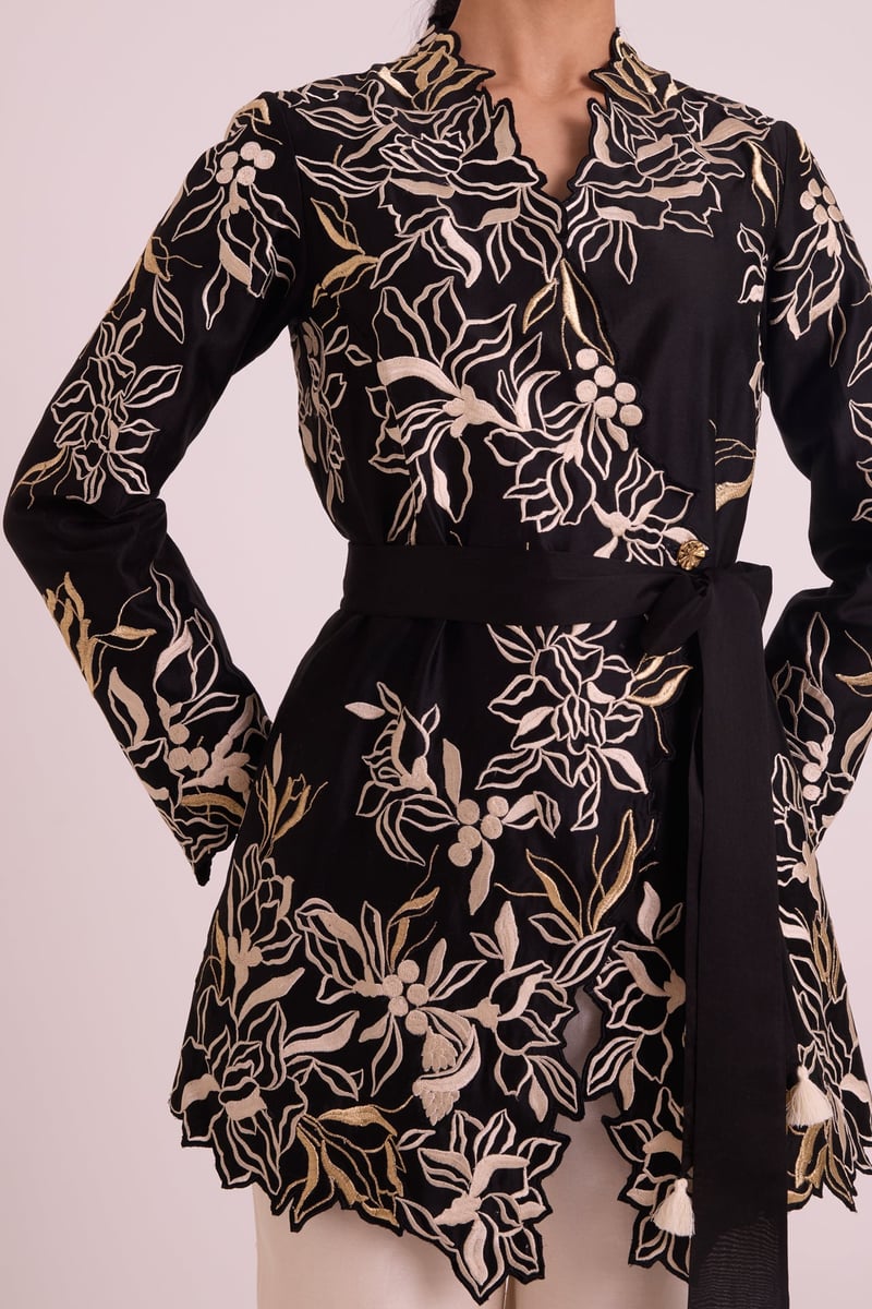 Black Wrap Blazer and Ivory Wide-Leg Pants Co-ord Set