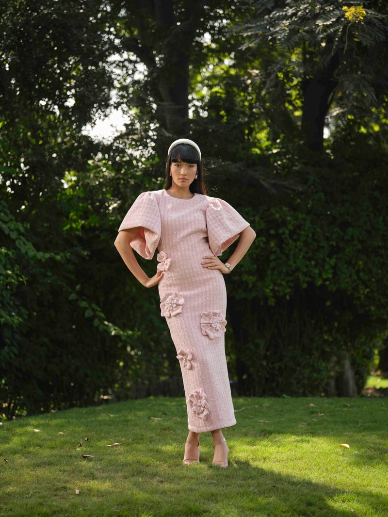 Pink Tweed Maxi Pencil Dress with 3D Floral Details