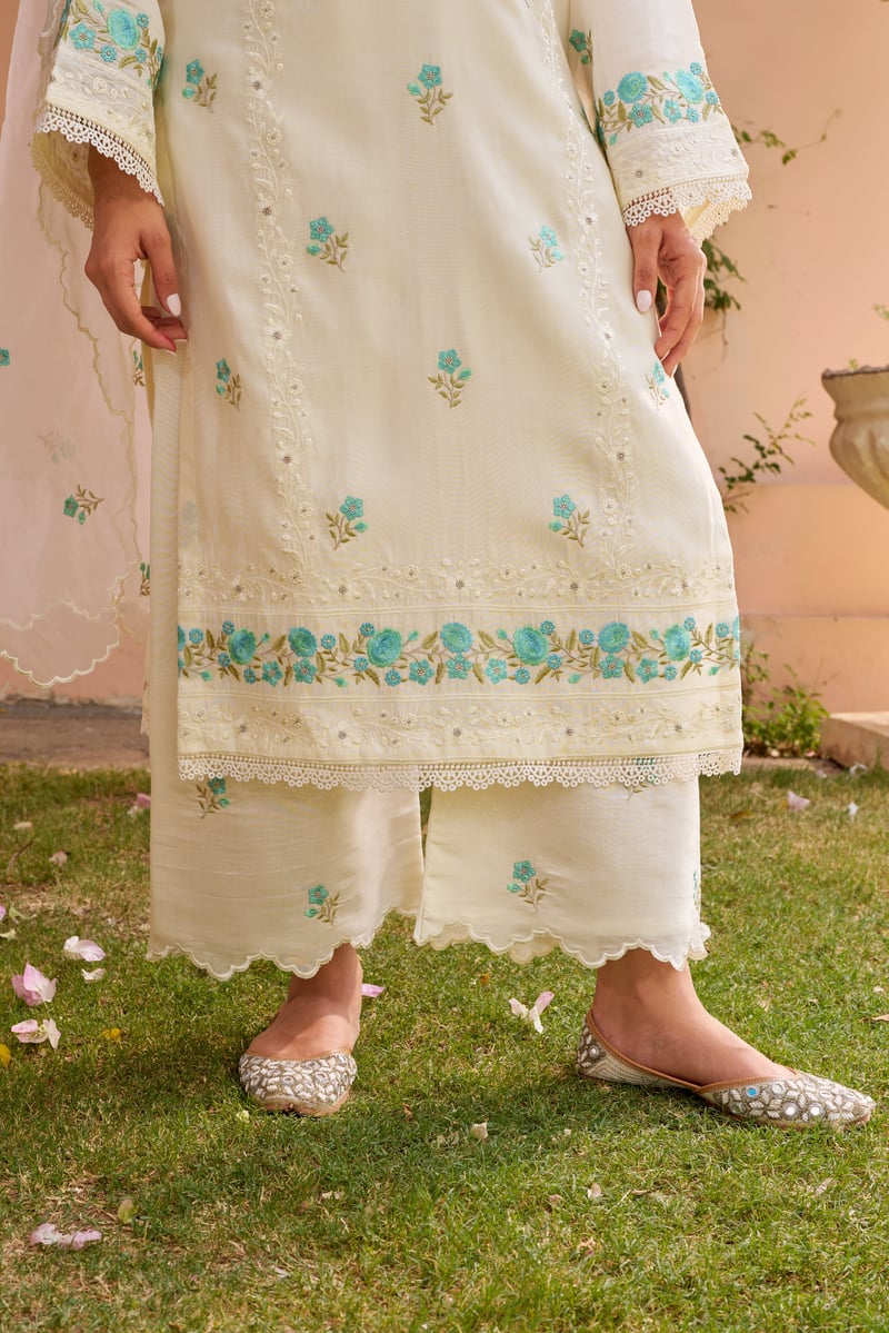 Ivory Chanderi Embroidered Straight Suit Set with Dupatta