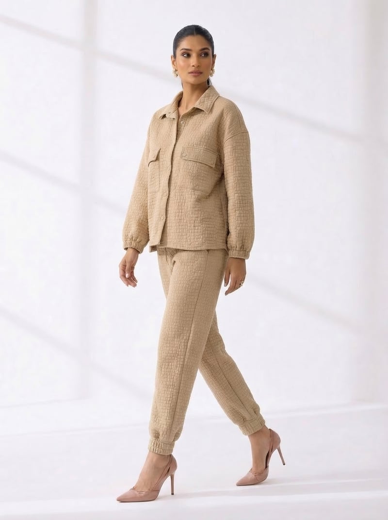 Beige Quilted Overshirt and Jogger Co-ord Set