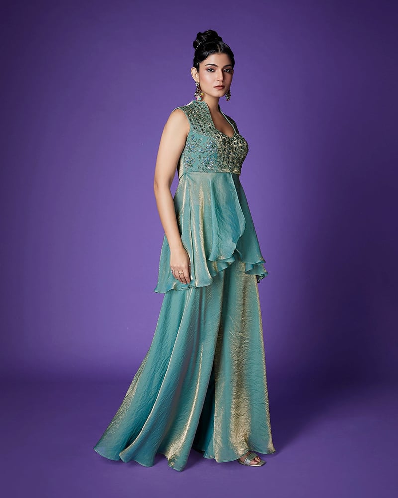 Sea Green Shimmer Peplum and Palazzo Co-ord Set
