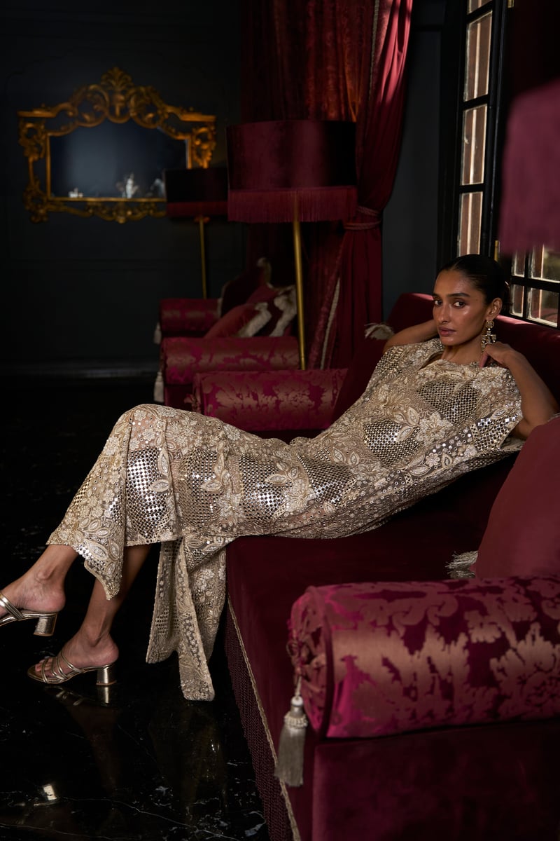 Natural Mirror and Bead Embroidered Maxi Kaftan