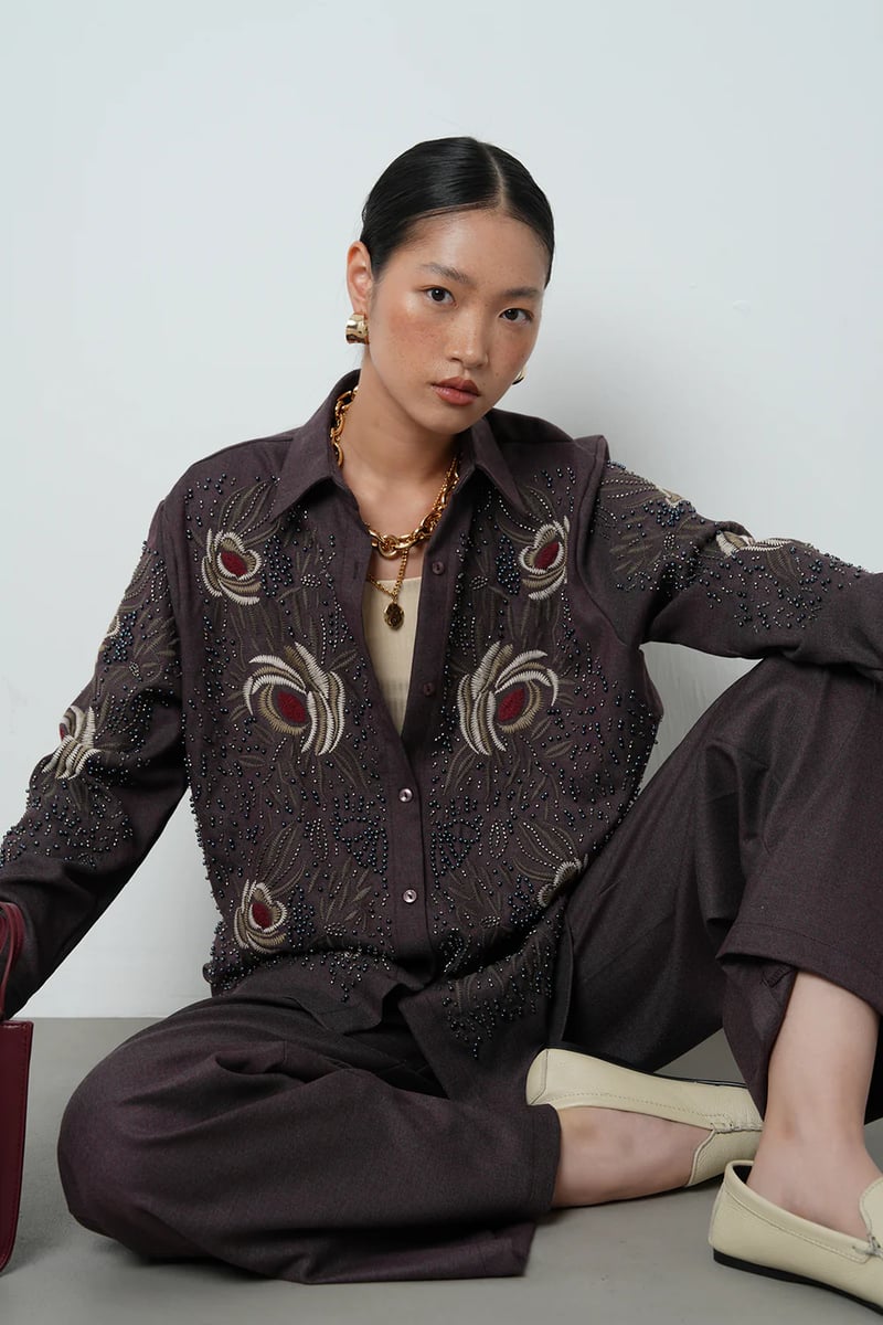 Brown Embroidered & Beaded Longline Button-Up Shirt