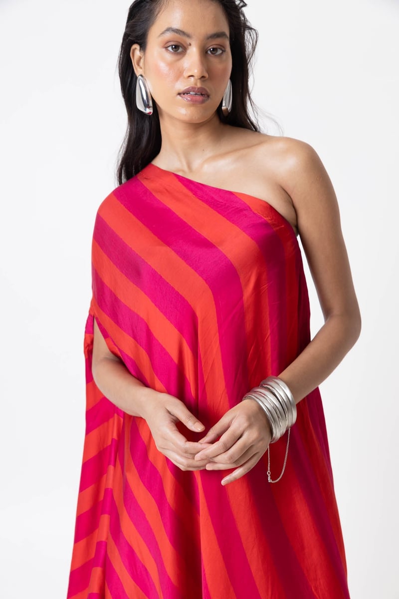 Orange/Pink One-Shoulder Asymmetrical Midi Dress