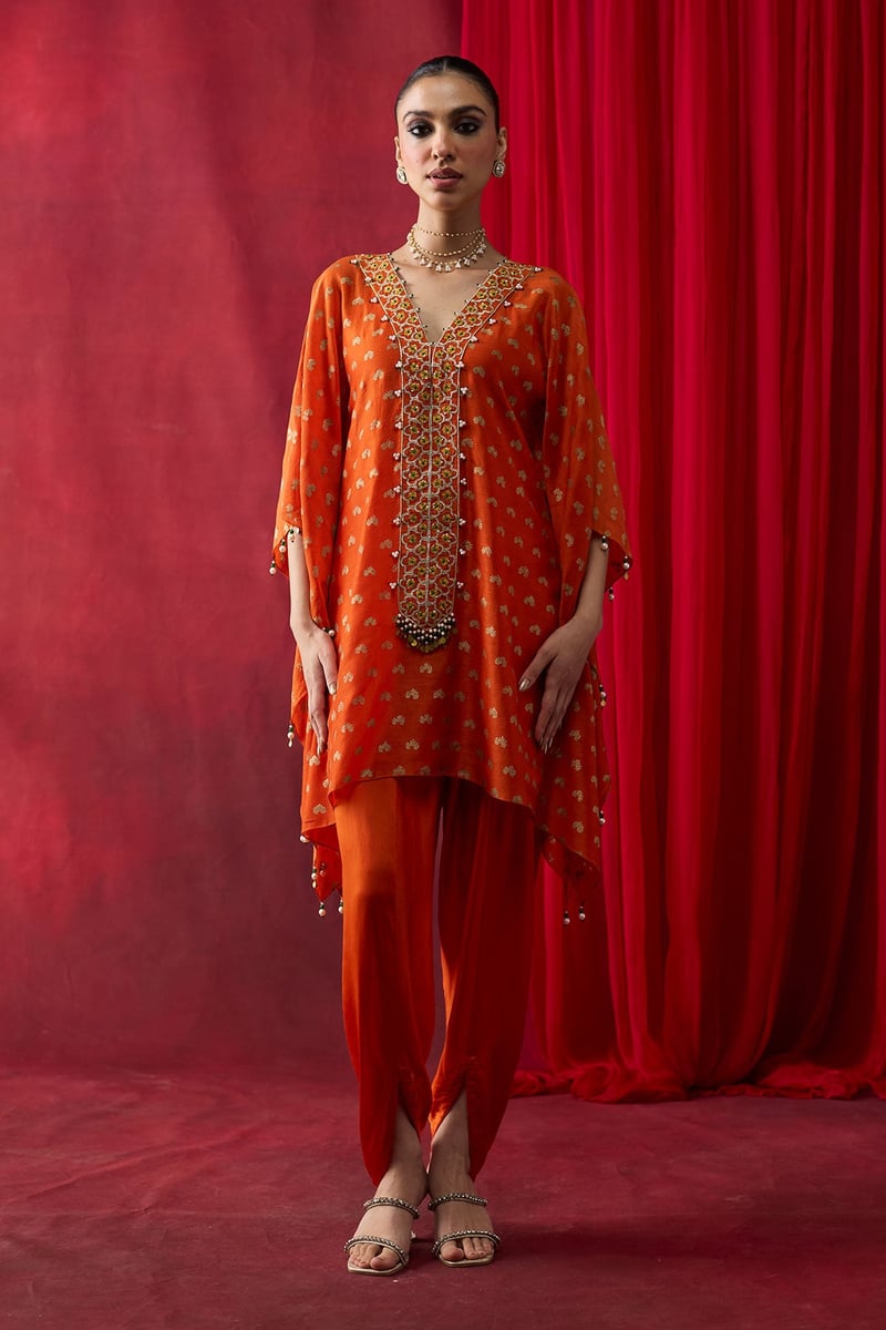 Orange Block Print Kaftan Top and Cowl Pants Co-ord Set