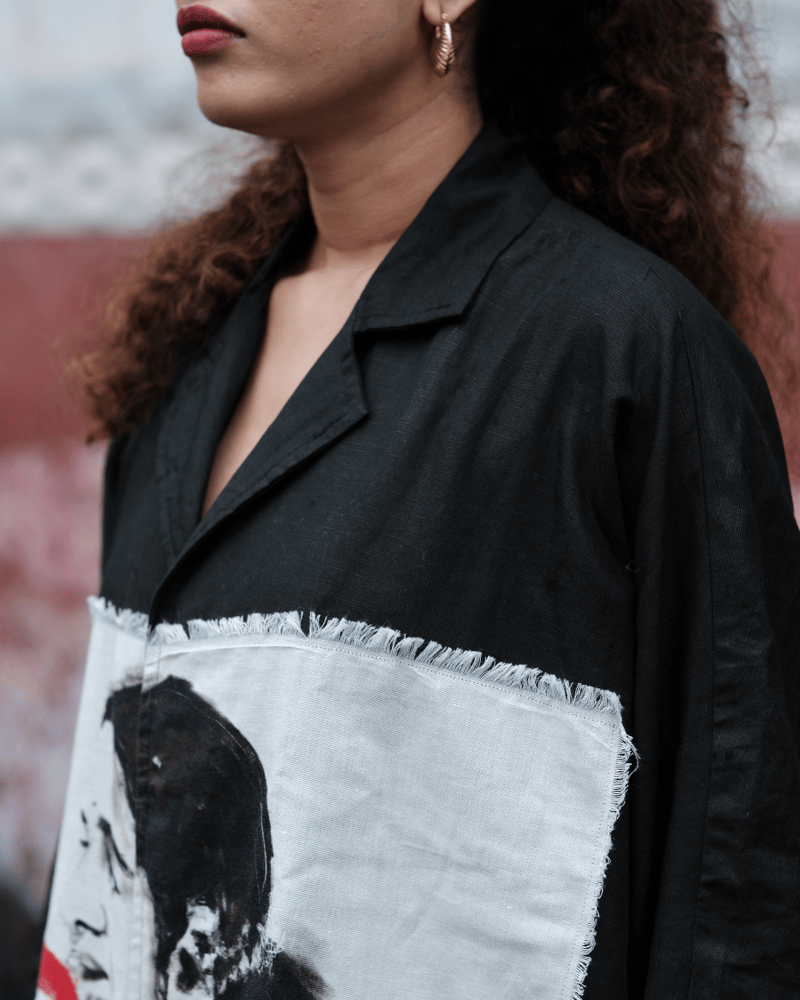 Black Linen-Cotton Midi Shirt Dress with Graphic Panel