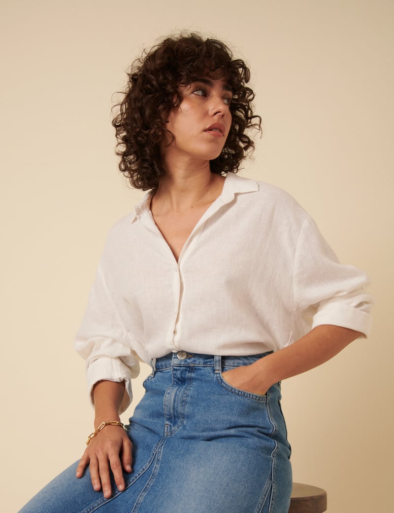 White Relaxed-Fit Linen-Blend Button-Down Shirt