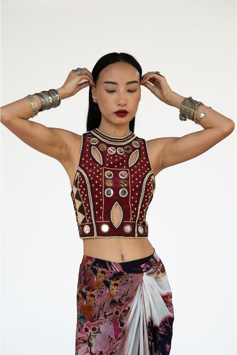 Merlot Embellished Crop Top and Printed Drape Skirt Set
