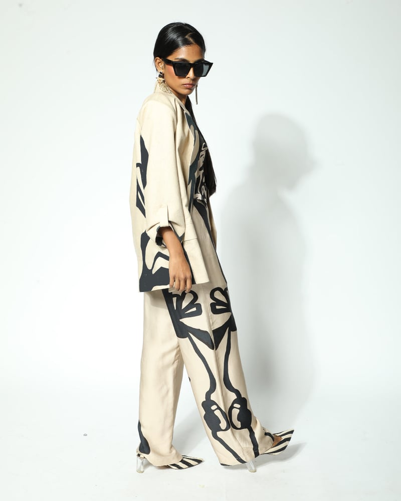 Beige and Black Abstract Print High-Waist Wide-Leg Trousers