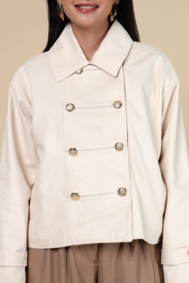 Beige Tailored Double-Breasted Style Button Jacket