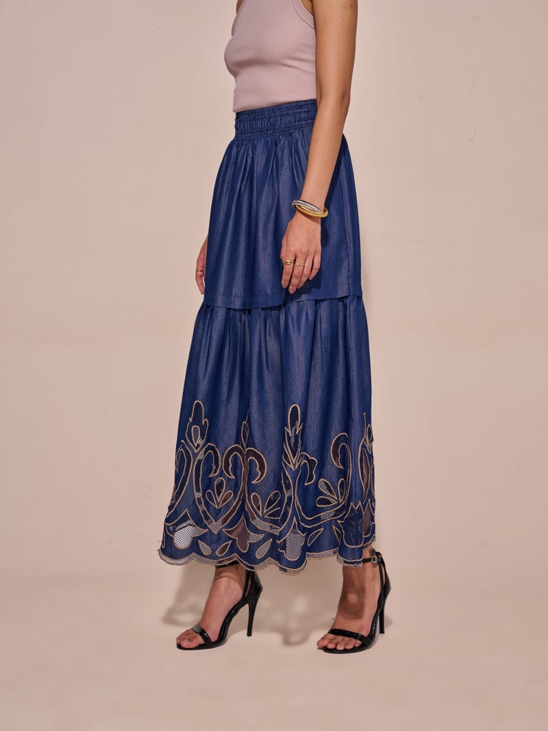 Blue Denim Tiered Midi Skirt with Cutwork Hem